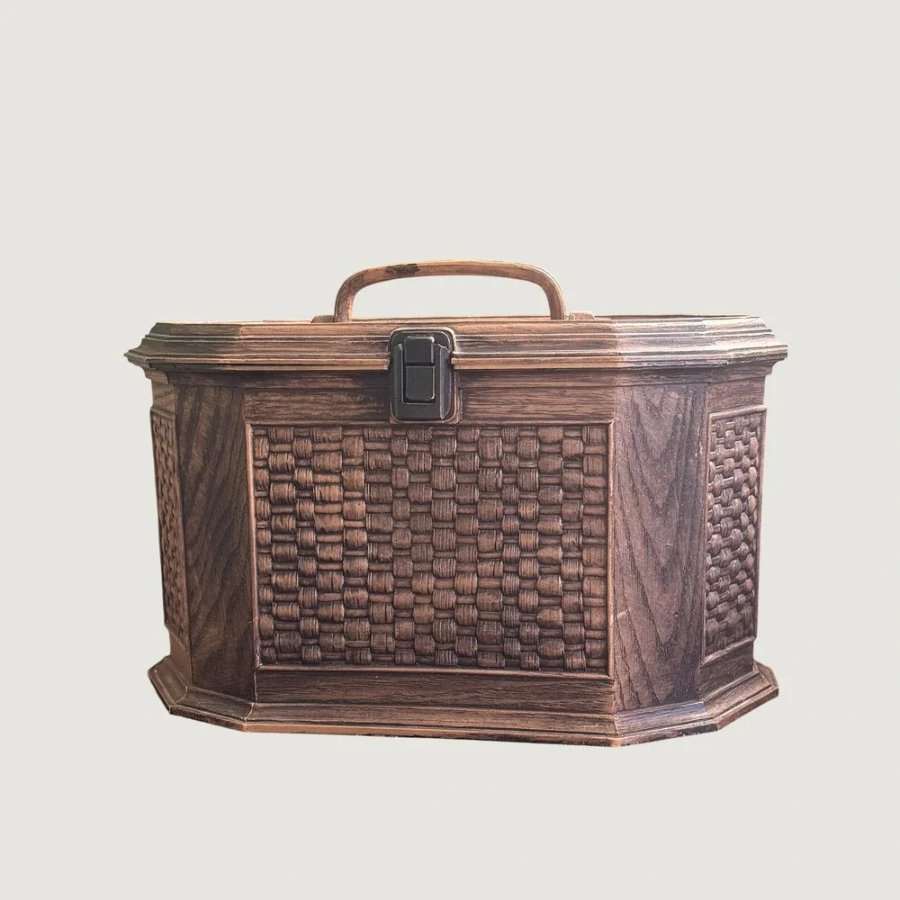 Vintage Lerner Faux Wood Wicker Large Sewing Storage Basket